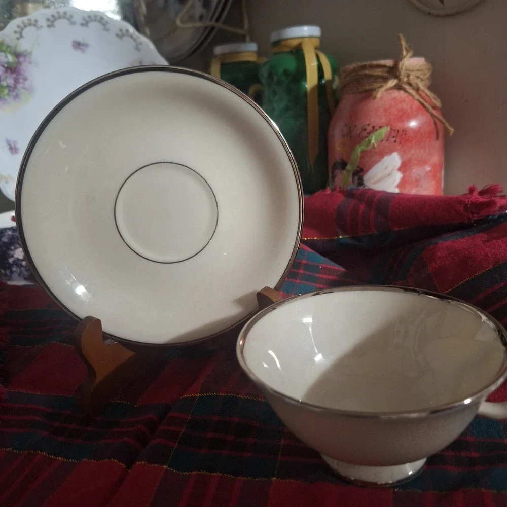 Lenox Montclair Teacup and Saucer Set Ivory Fine China Platinum Trim Made in USA